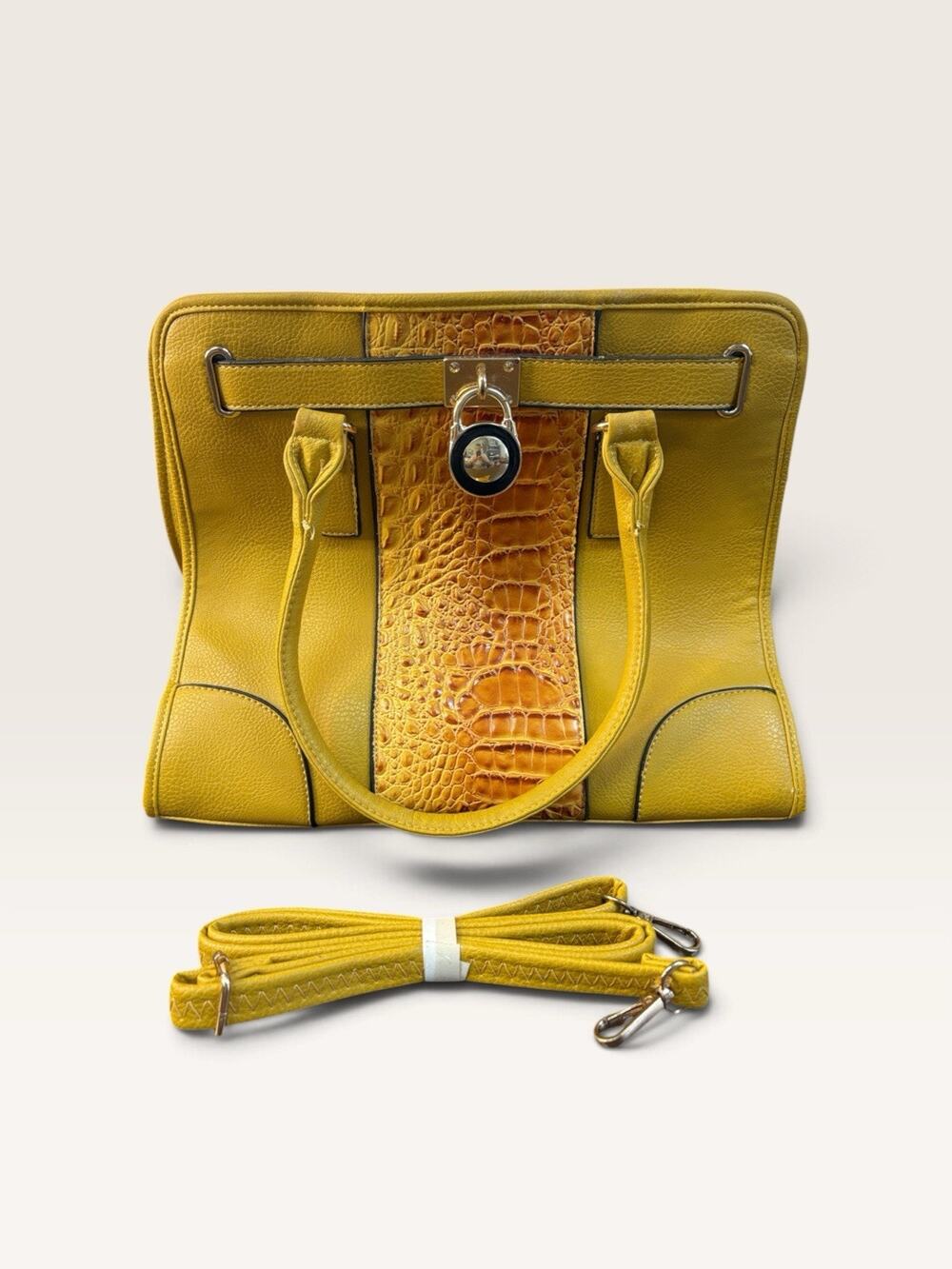 Mustard Yellow Croc Embossed Satchel Handbag Padlock Shoulder Strap Purse